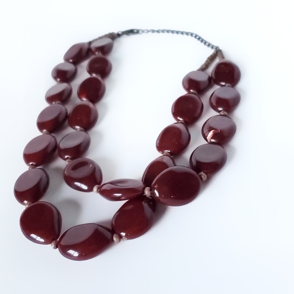 Red Bib Necklace, Vintage Chunky Double Strand Statement Jewelry, - Picture 8 of 8